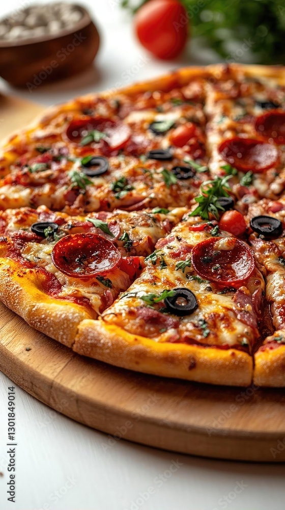 Delicious pepperoni pizza with olives and herbs on a wooden board, surrounded by fresh ingredients Delicious pepperoni pizza with olives and herbs on a wooden board, surrounded by fresh ingredients