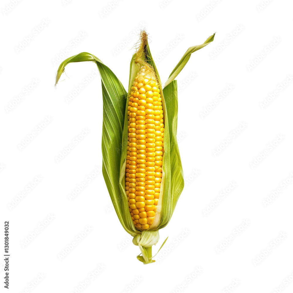 Obraz premium Fresh corn on cob with vibrant yellow kernels and green husk, perfect for summer meals and grilling. Enjoy natural sweetness and crunch