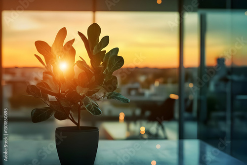 Photo Potted Plant Sunset W...