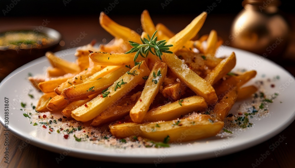 An elegant white plate containing crispy French fries, carefully seasoned with delicious spi (1) An elegant white plate containing crispy French fries, carefully seasoned with delicious spi (1)