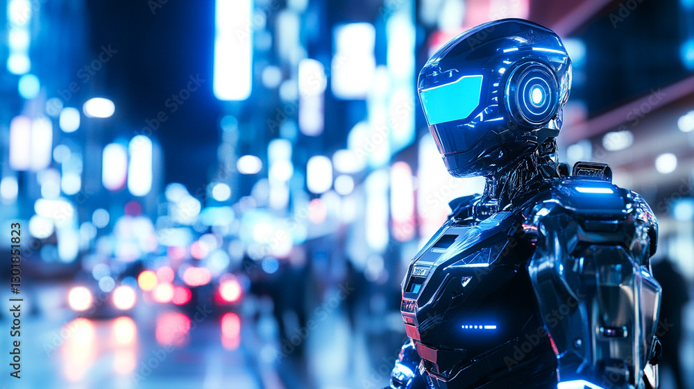 Futuristic robot in a vibrant city at night. Futuristic robot in a vibrant city at night.