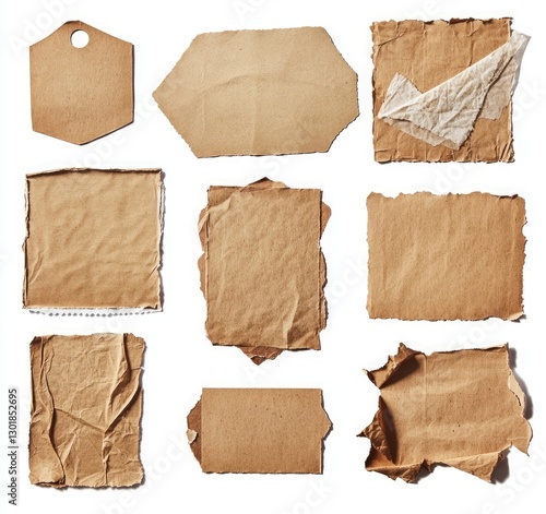 A collection of various pieces of torn paper, such as brown cardboard and white blank labels with rounded corners, isolated on a pure white background