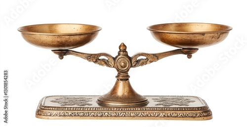 A vintage brass scale with one bowl on top and the other at the bottom, isolated against a white background