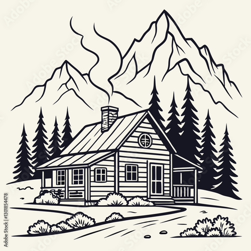 Vector Cabin, mountain and pine tree