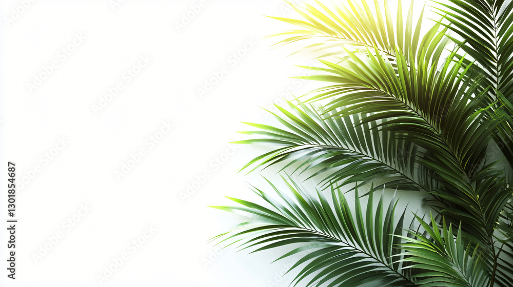Naklejka premium A vibrant collection of tropical palm leaves set against a clean white background, perfect for botanical designs, branding, or nature-themed projects.
