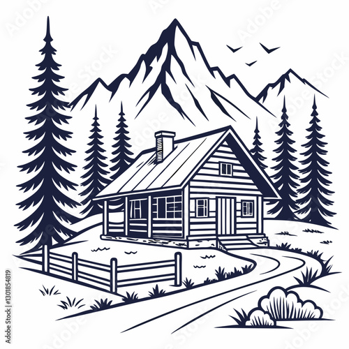 Vector Cabin, mountain and pine tree