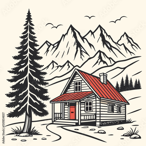 Vector Cabin, mountain and pine tree