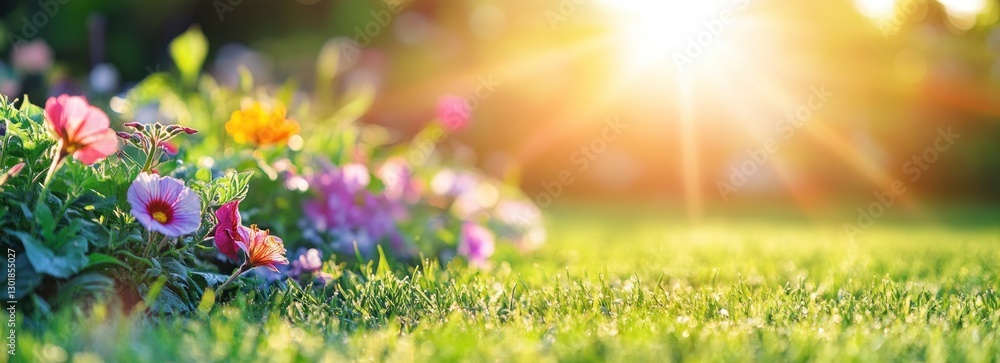 Fototapeta premium Vibrant flower garden in bright sunlight.