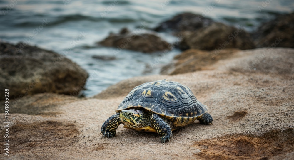 Obraz premium Turtle on rocky shoreline with ocean background