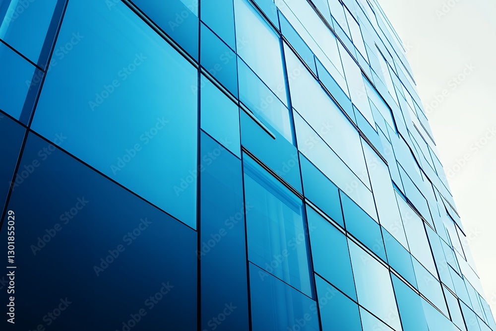 Fototapeta premium Modern blue glass facade of contemporary urban building reflecting sky