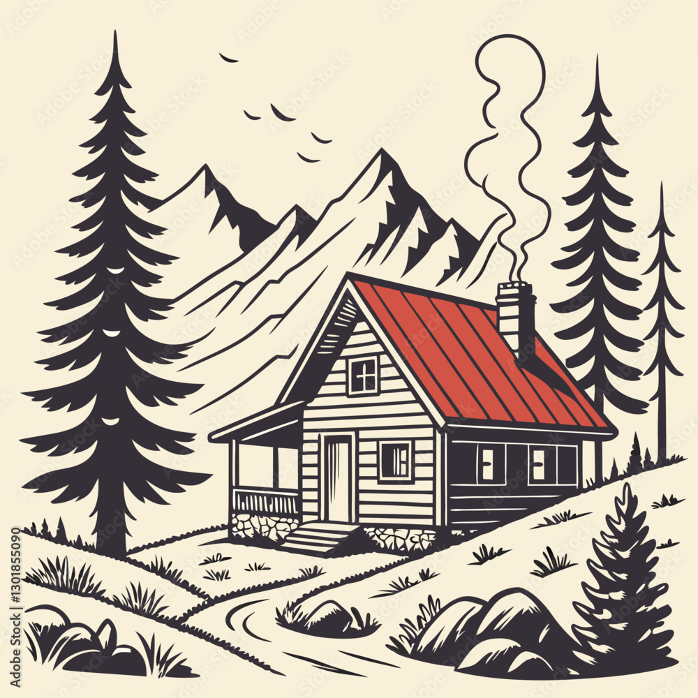 Vector Cabin, mountain and pine tree Vector Cabin, mountain and pine tree
