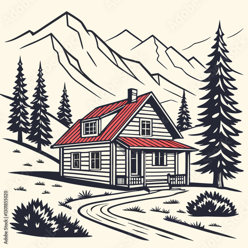 Vector Cabin, mountain and pine tree