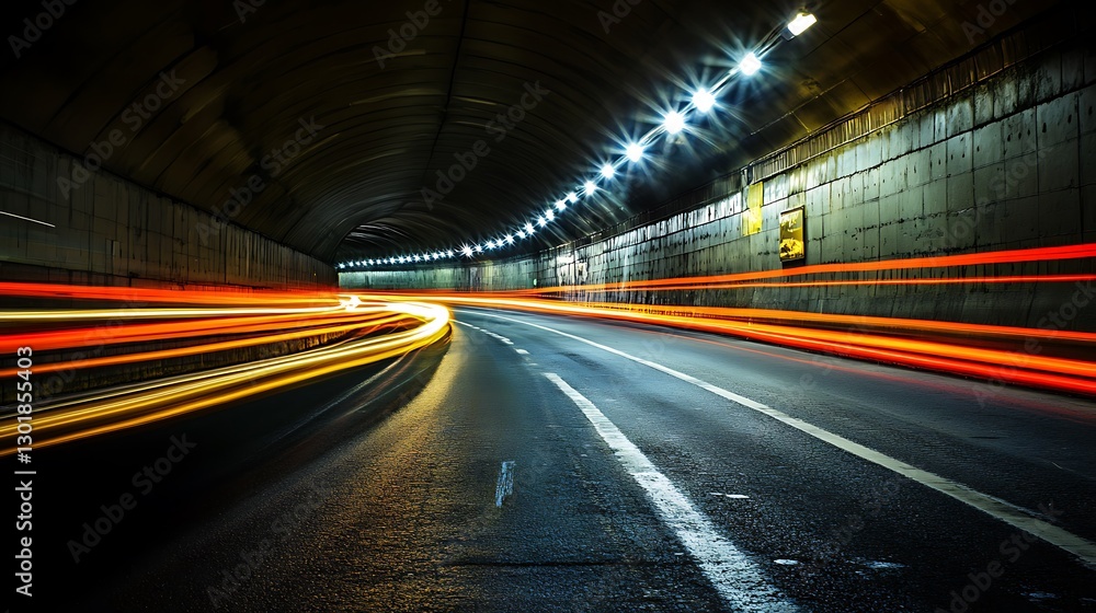Car Light Trails Speeding Through Dark Tunnel Interior at Night Car Light Trails Speeding Through Dark Tunnel Interior at Night