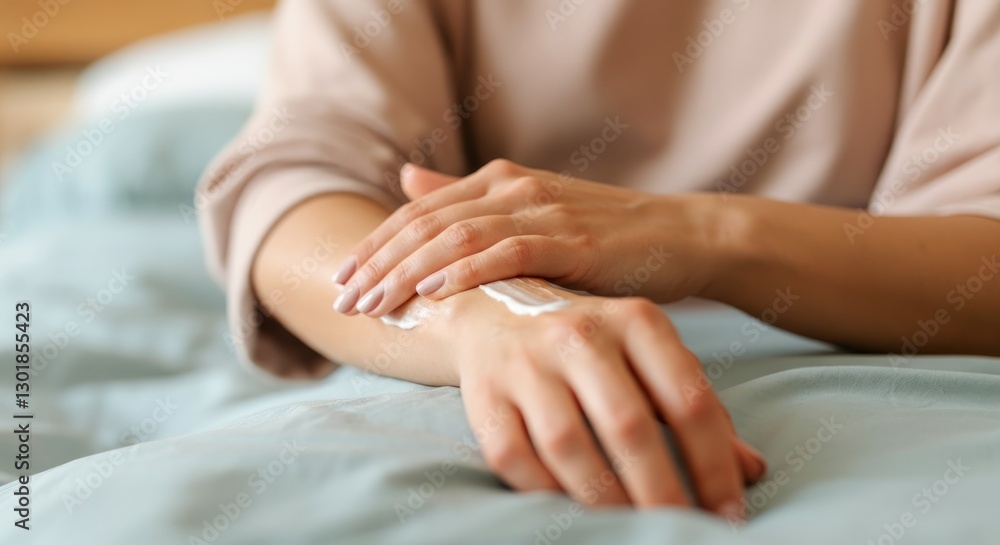 Female applying moisturizer to hands on bed in relaxed setting Female applying moisturizer to hands on bed in relaxed setting