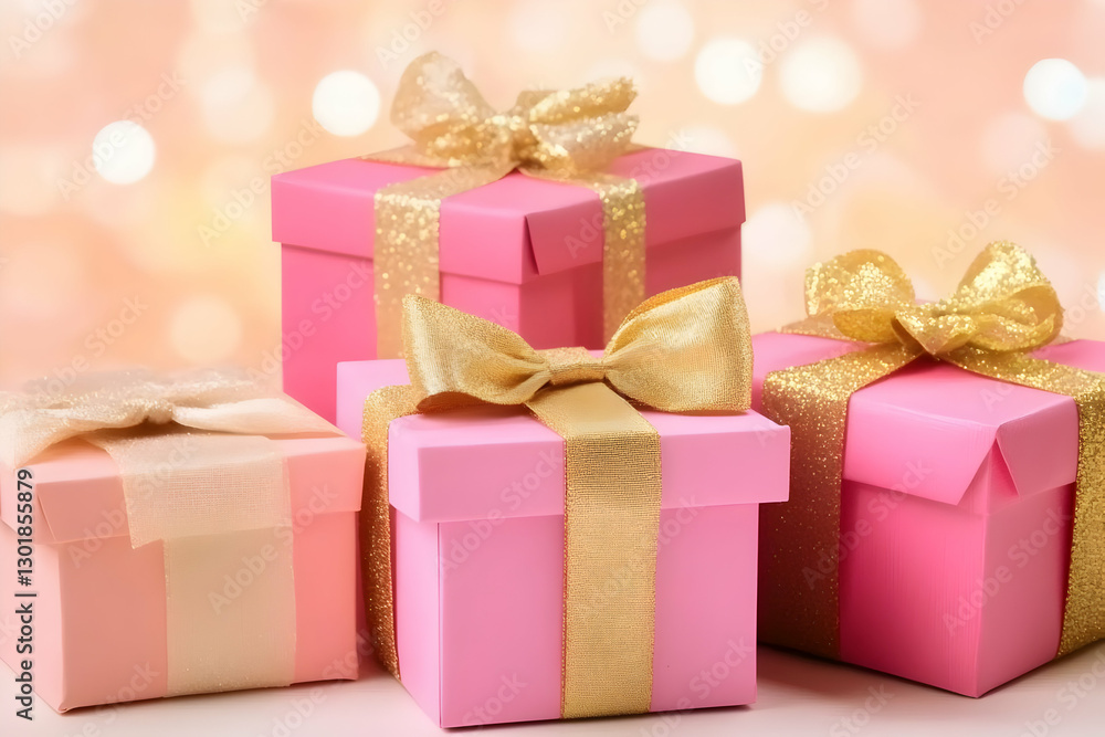 Obraz premium Photo Pink Gift Boxes Gold Ribbon Bow Festive Celebration Surprise