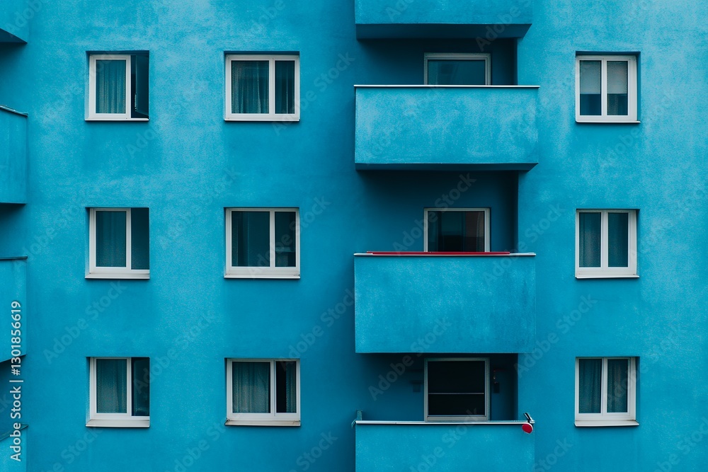Fototapeta premium Bright blue apartment building with balconies and windows