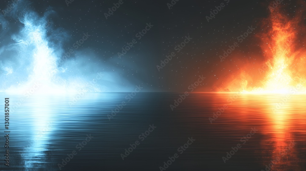 Fototapeta premium Fiery Orange and Icy Blue Flames Reflecting on Dark Water