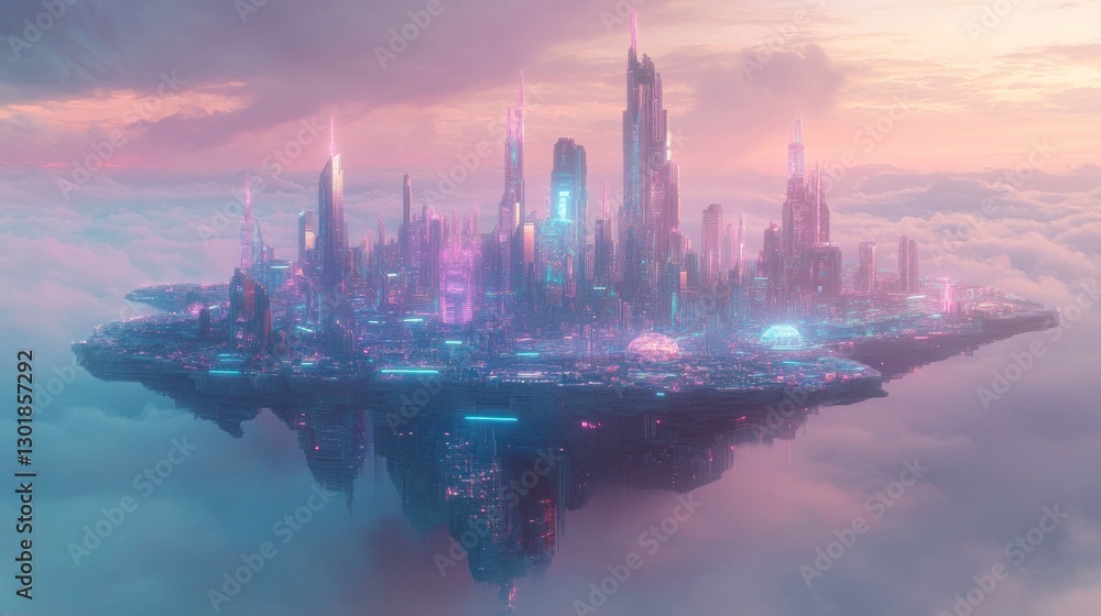 Naklejka premium Celestial Cityscape: A Futuristic Metropolis Floating Above the Clouds at Sunset
