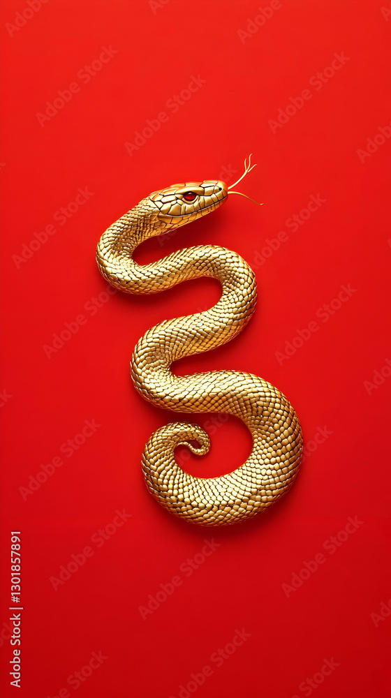 Fototapeta premium 3D Illustration Golden Snake Red Background Scales Reptile Symbolism