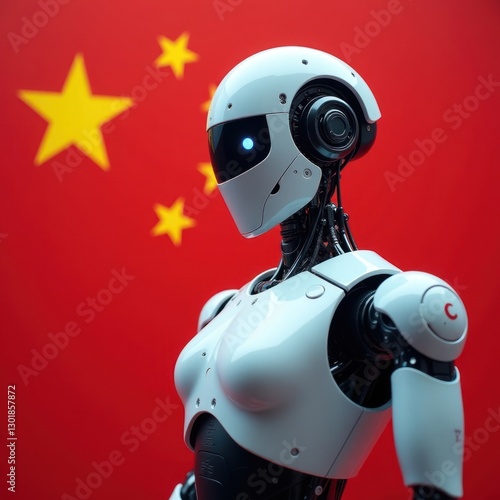Chinese AI Advancement - Robot and China Flag. Suitable for content on China's technology progress, Asian AI innovation