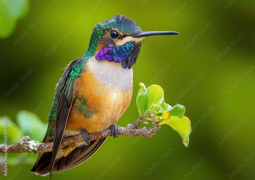 Fototapeta premium Vibrant hummingbird perched on branch, showcasing iridescent plumage.