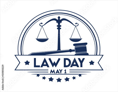 law day may 1 logo featuring a gavel and scales of justice in a circular design with stars, symbolizing legal awareness and celebration of the rule of law