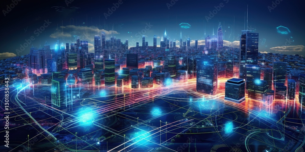 Obraz premium Futuristic city skyline illuminated at night with digital overlays and vibrant lights