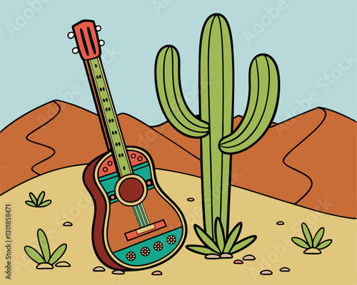 colorful illustration of a guitar leaning against a cactus in a desert landscape with mountains in the background, perfect for music and travel themes
