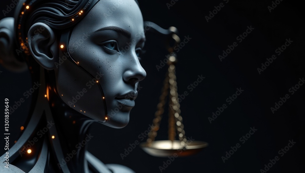 AI Justice and Regulation - Robot with Scales of Justice. Suitable for content on AI ethics, algorithmic bias in legal systems, the need for AI governance, the future of AI in law AI Justice and Regulation - Robot with Scales of Justice. Suitable for content on AI ethics, algorithmic bias in legal systems, the need for AI governance, the future of AI in law