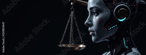 AI Justice and Regulation - Robot with Scales of Justice. Suitable for content on AI ethics, algorithmic bias in legal systems, the need for AI governance, the future of AI in law