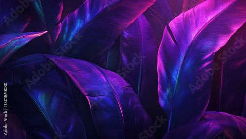 Vibrant iridescent purple and blue tropical leaves in dark background.