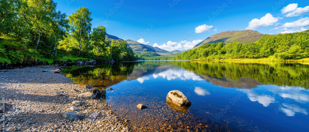 Fototapeta premium serene river scene with mirrored mountains and clear blue sky, showcasing nature beauty and tranquility