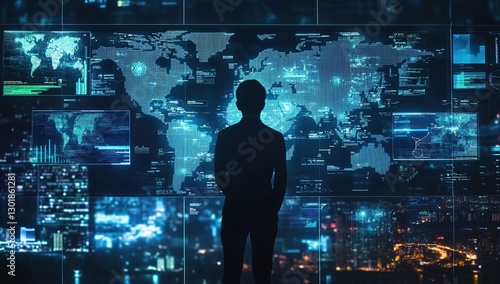 Wallpaper Mural Silhouette of a Person Observing a Global Data Network on Multiple Screens at Night Torontodigital.ca