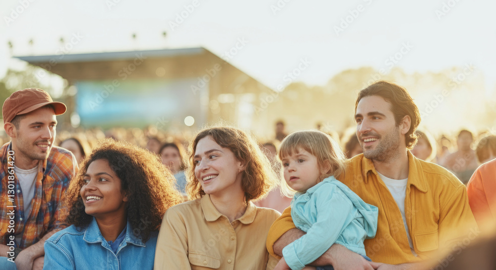 Fototapeta premium Diverse group enjoying outdoor music festival at sunset