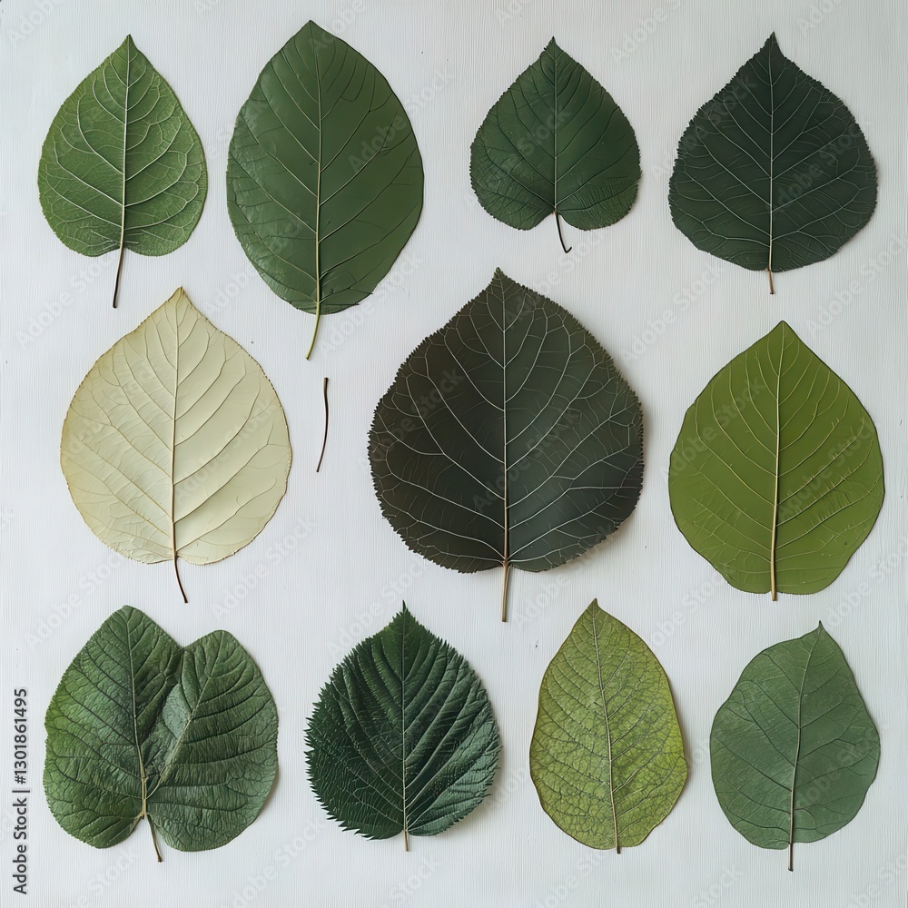 Obraz premium Assorted leaves arranged neatly on a white background showcasing diverse colors