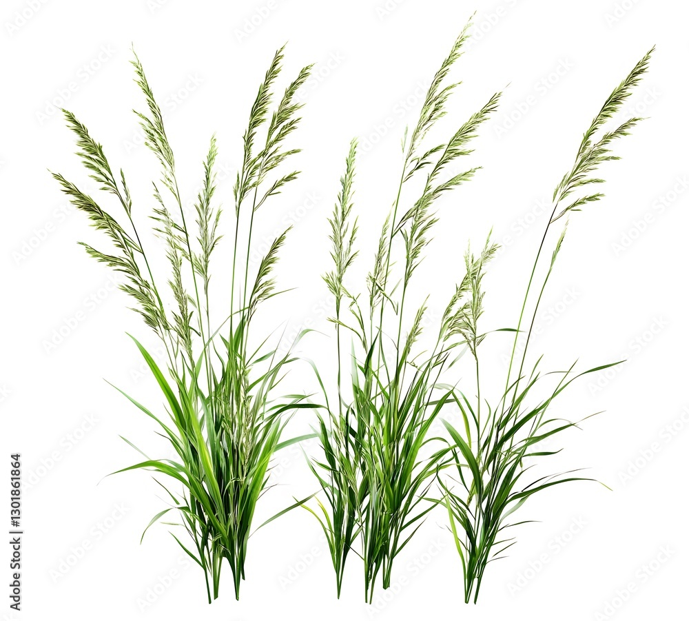 Three lush green grass plants isolated on white background Three lush green grass plants isolated on white background