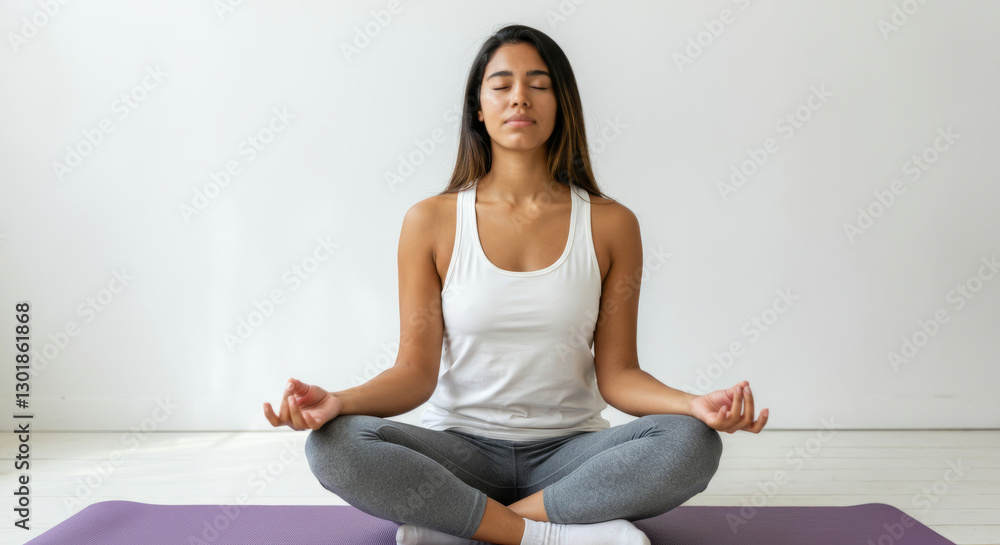 Young hispanic woman meditating in yoga pose on purple mat in serene setting Young hispanic woman meditating in yoga pose on purple mat in serene setting