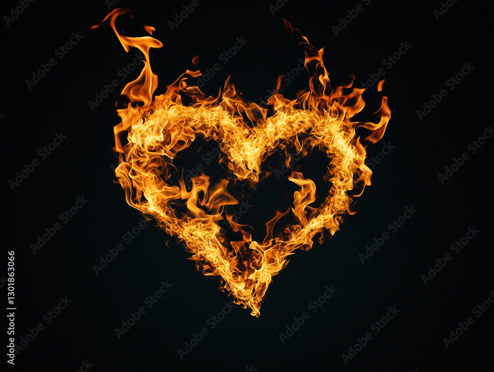 Fototapeta premium A heart-shaped object engulfed in bright, dynamic flames against a dark background, symbolizing intense passion or love.