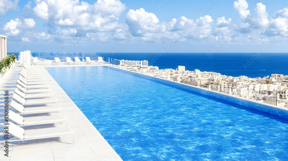 Fototapeta premium 3D Rooftop Infinity Pool, Ocean View, Lounge Chairs Illustration