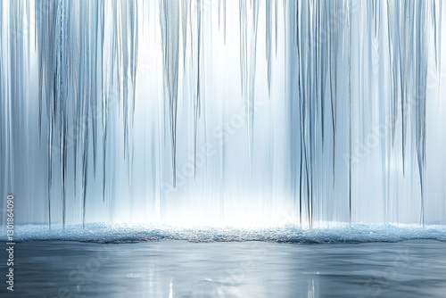 Subtle gradients of icy blue and silver cascading down a glossy surface with a surreal, glowing light effect.