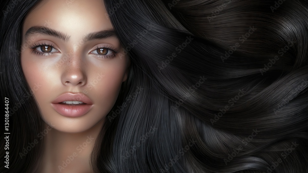 Obraz premium A close-up of a beautiful woman with long, flowing dark hair against a black background, showcasing her shiny and healthy hair in high resolution