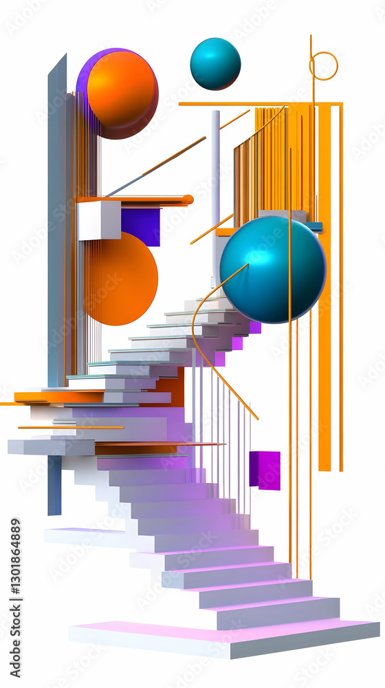 3D Illustration Abstract Staircase, Colorful Geometric Shapes 3D Illustration Abstract Staircase, Colorful Geometric Shapes