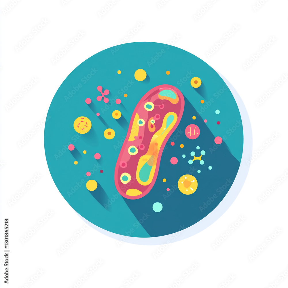 A stylized, colorful illustration of a bacterium with circular structures on its surface, representing different cellular components.
A stylized, colorful illustration of a bacterium with circular structures on its surface, representing different cellular components.