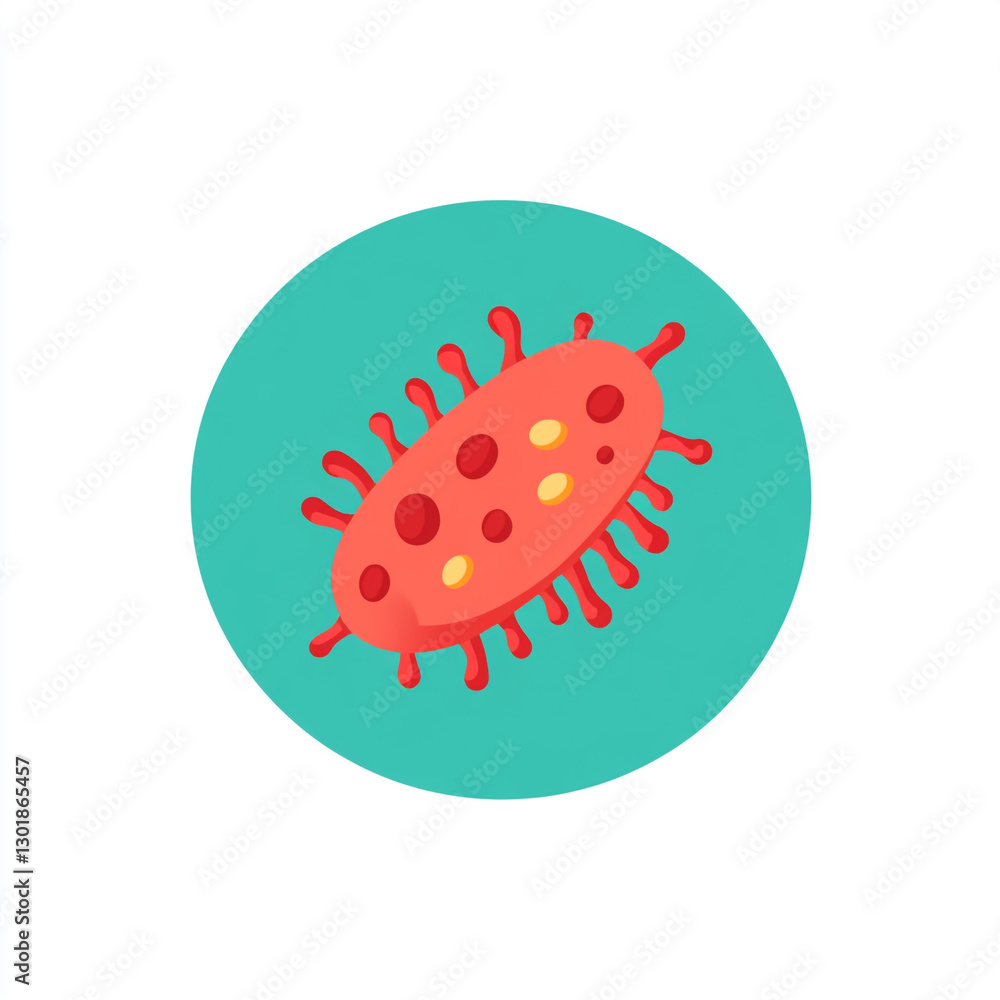 Fototapeta premium A stylized, colorful illustration of a bacterium with circular structures on its surface, representing different cellular components. 