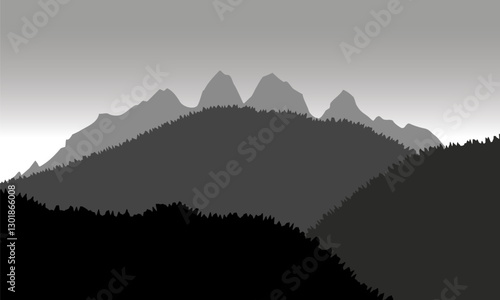 Vector, panoramic image of pieniny mountains, grayscale colors