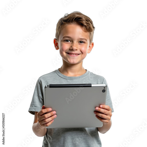 young boy or student holding a tablet in transparent background