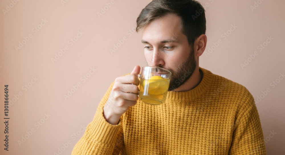 Young caucasian male enjoying hot lemon tea in cozy knit sweater Young caucasian male enjoying hot lemon tea in cozy knit sweater