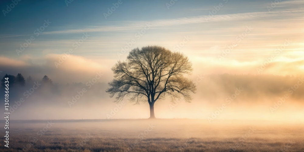 Fototapeta premium Minimalist misty scene: a lone tree silhouetted against an ethereal, foggy forest.