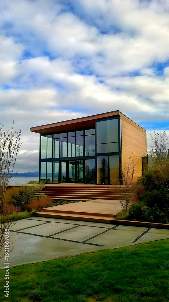 Photo Modern Glass House Architecture Design Home Landscape Clouds Sky Photo Modern Glass House Architecture Design Home Landscape Clouds Sky