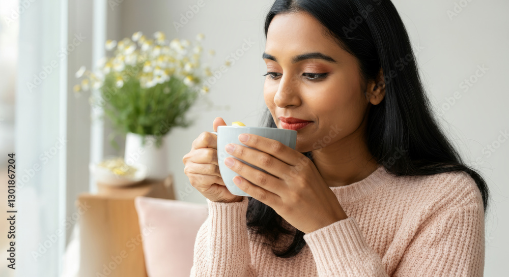 Young asian female enjoying coffee indoors in cozy sweater setting Young asian female enjoying coffee indoors in cozy sweater setting